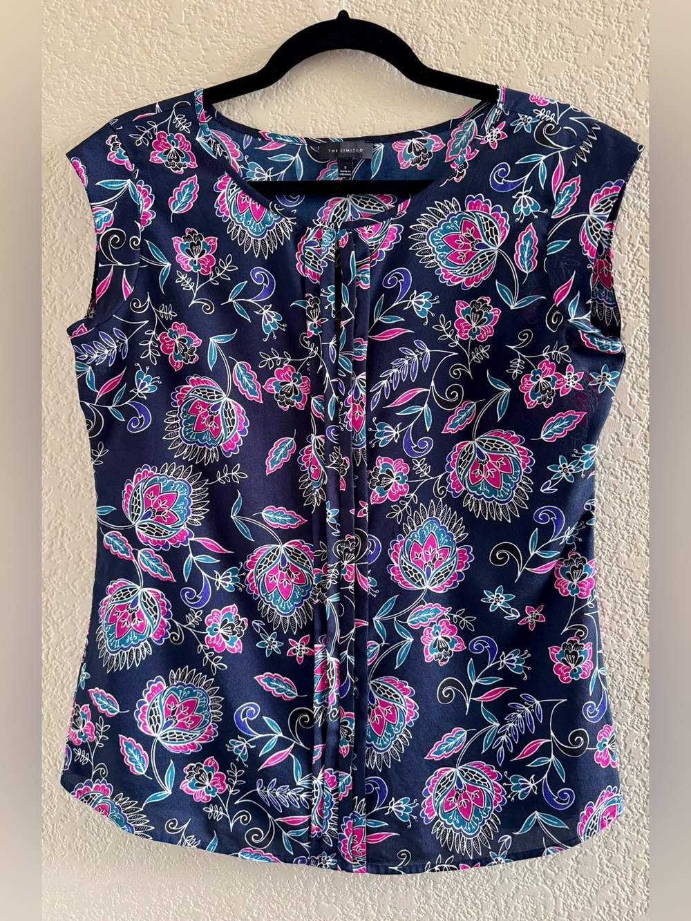 The Limited Navy Floral Cap-Sleeve Top with Pink & Teal Accents